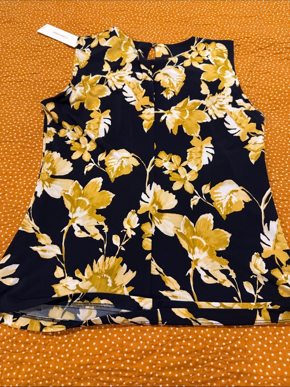 Calvin Klein Navy Floral Sleeveless Blouse with Mustard Yellow Flowers - Picture 7 of 7